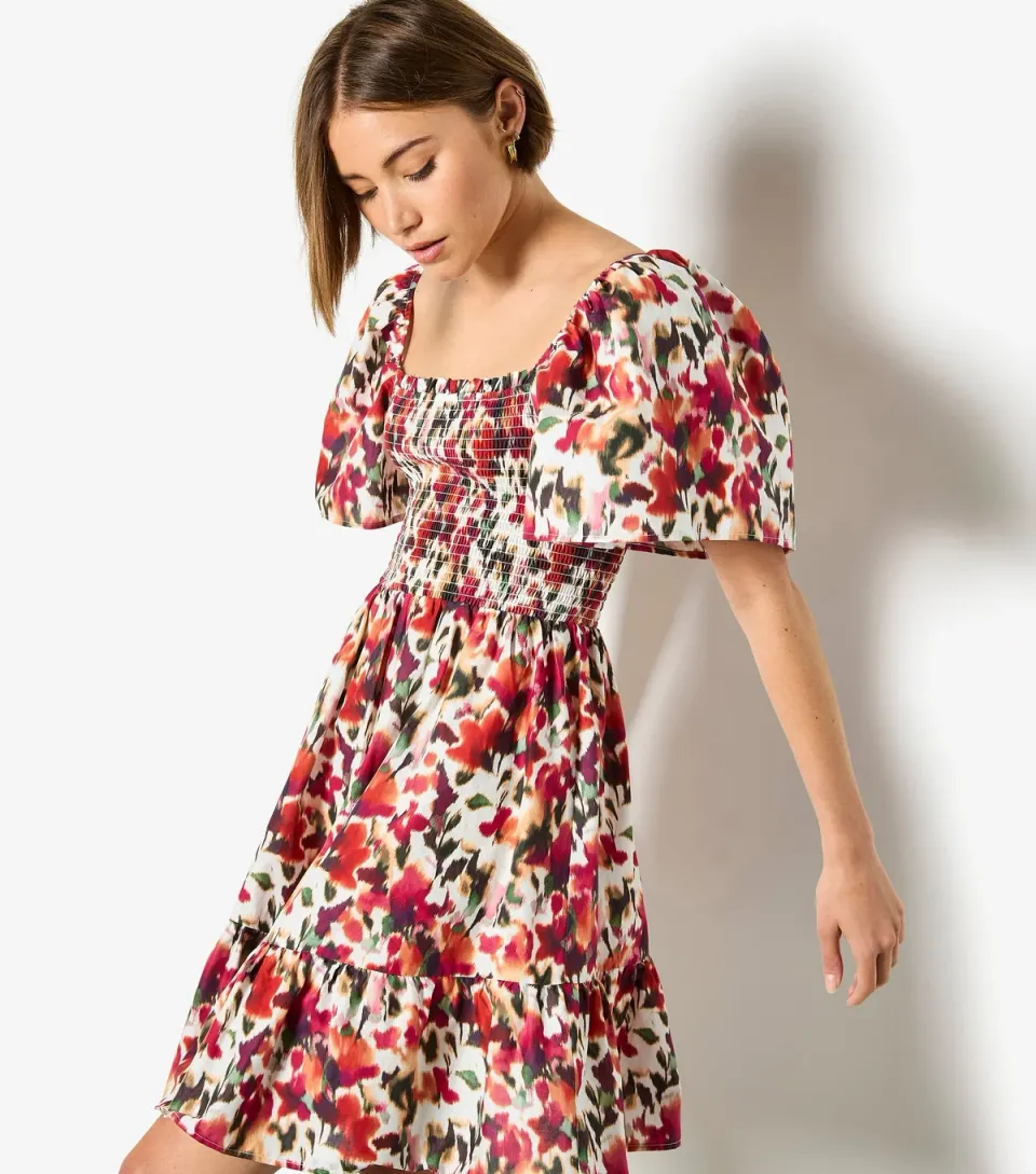 Women's Red Floral Puff Sleeve Mini Dress