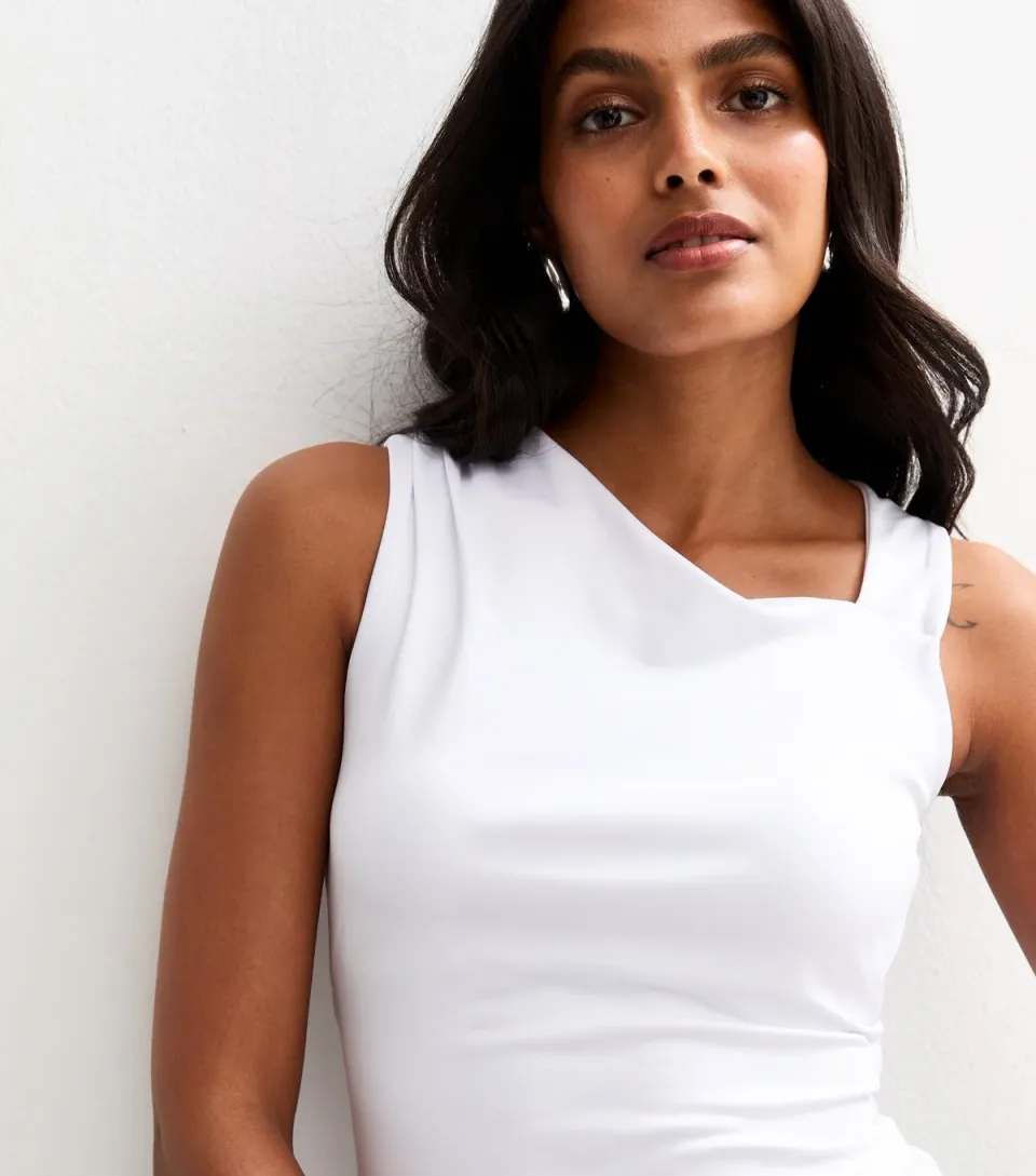 Women's White Asymmetric Neckline Top