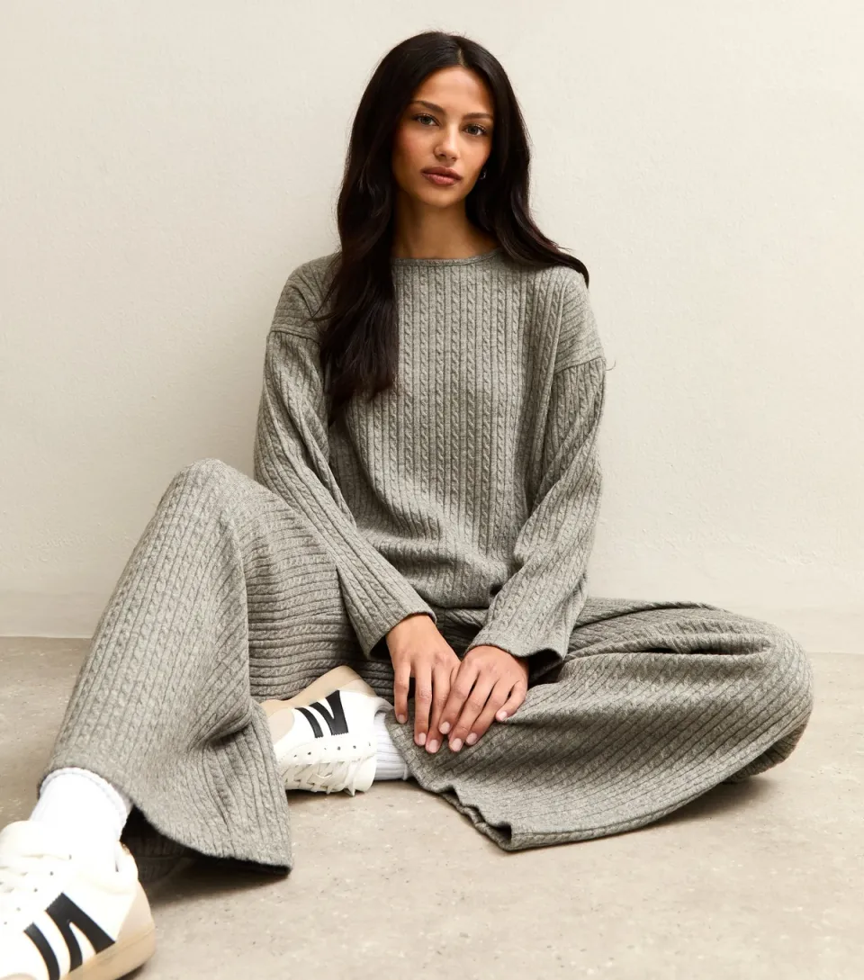 Women's Grey Soft Touch Cable Knit Split Hem Top