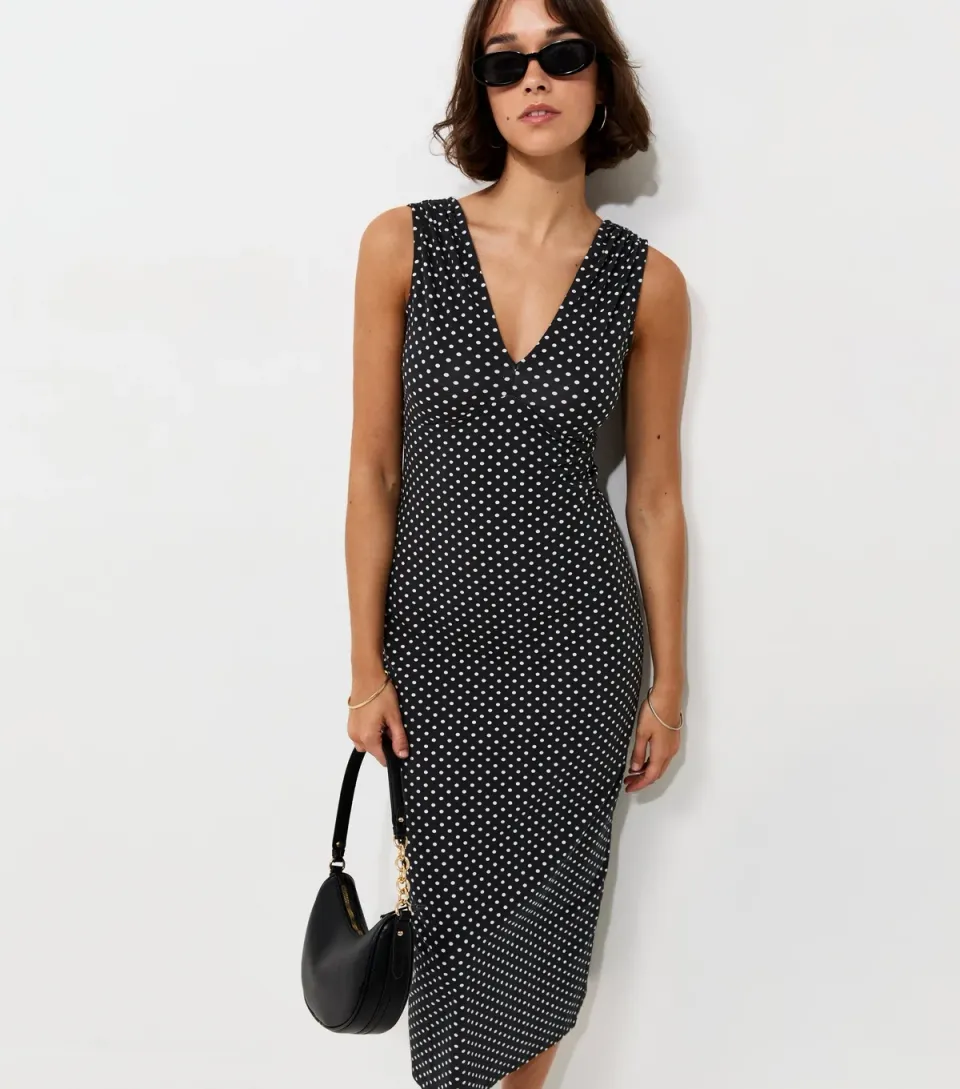 Women's Black Polka Dot Ruched Shoulder V-Neck Midi Dress