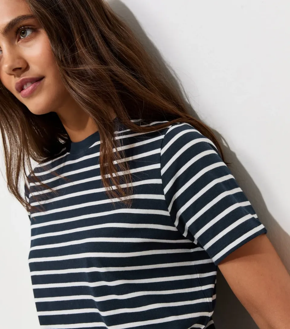 Women's Blue Cotton Striped Relaxed Fit T-Shirt