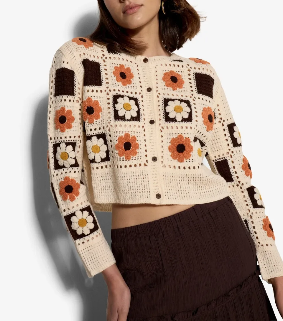 Women's Stone Daisy Crochet Knit Cropped Cardigan