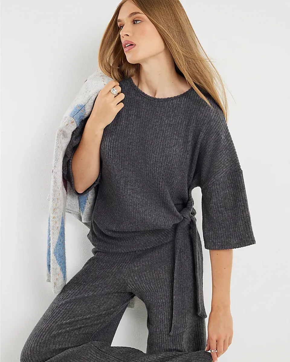 Short Sleeve Cosy Ribbed Tie Detail Top