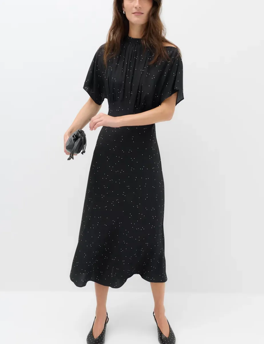 Polka Dot Tie Neck Midi Tea Dress Black Mix