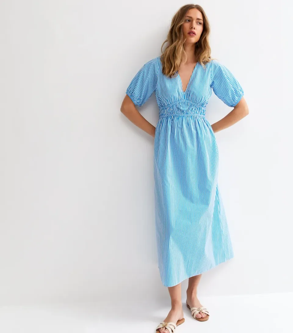 Women's Blue Striped Ruched Detail Midi Dress