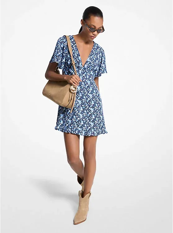 Floral Print Viscose and Silk Blend Dress