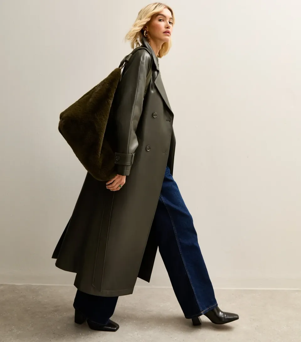 Women's Dark Khaki Faux Leather Trench Coat