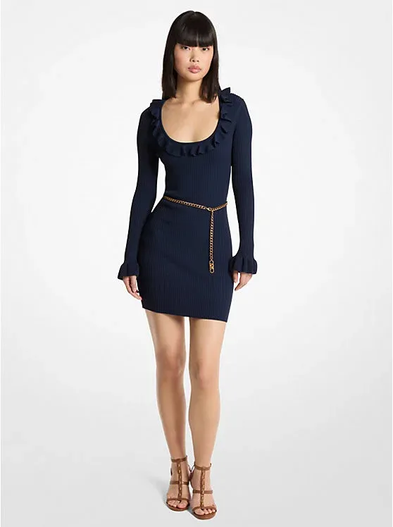 Ruffled Stretch Knit Belted Dress