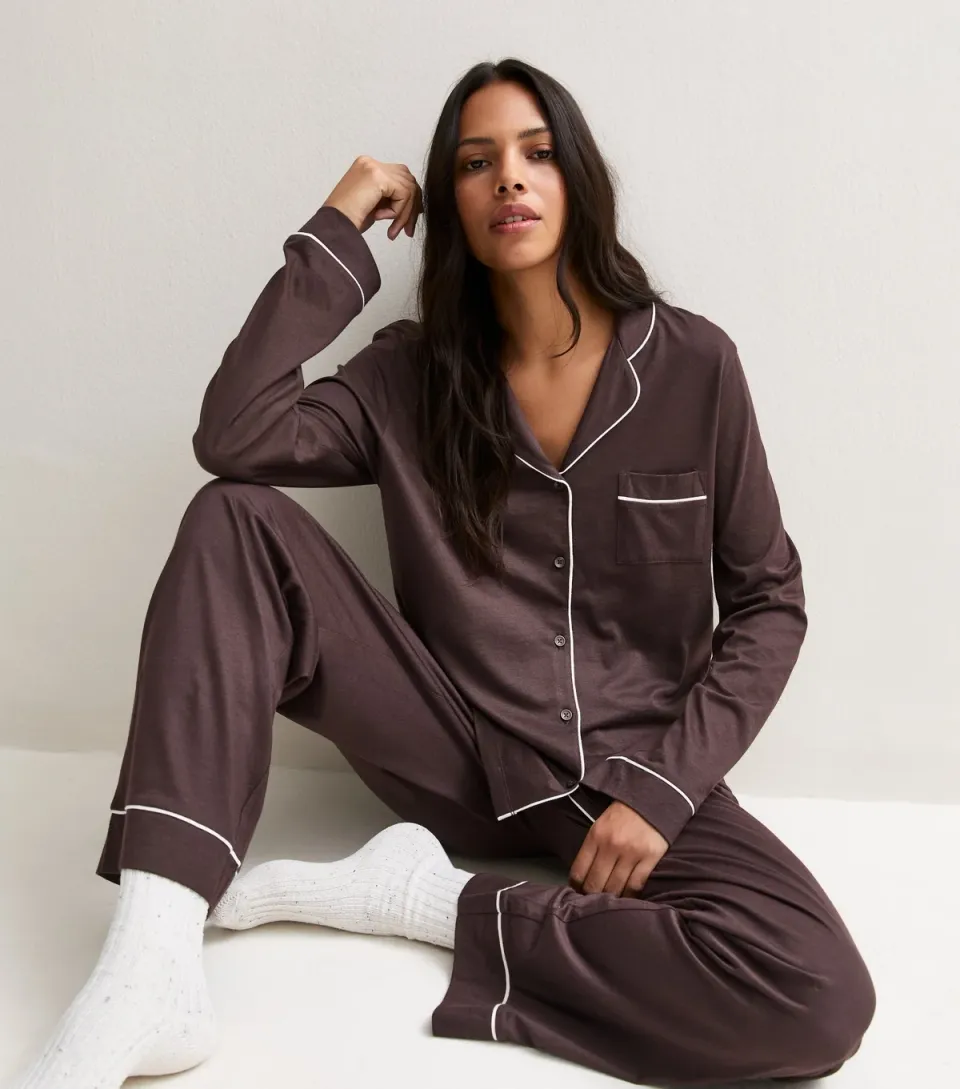 Women's Dark Brown Jersey Revere Shirt and Trousers Pyjama Set