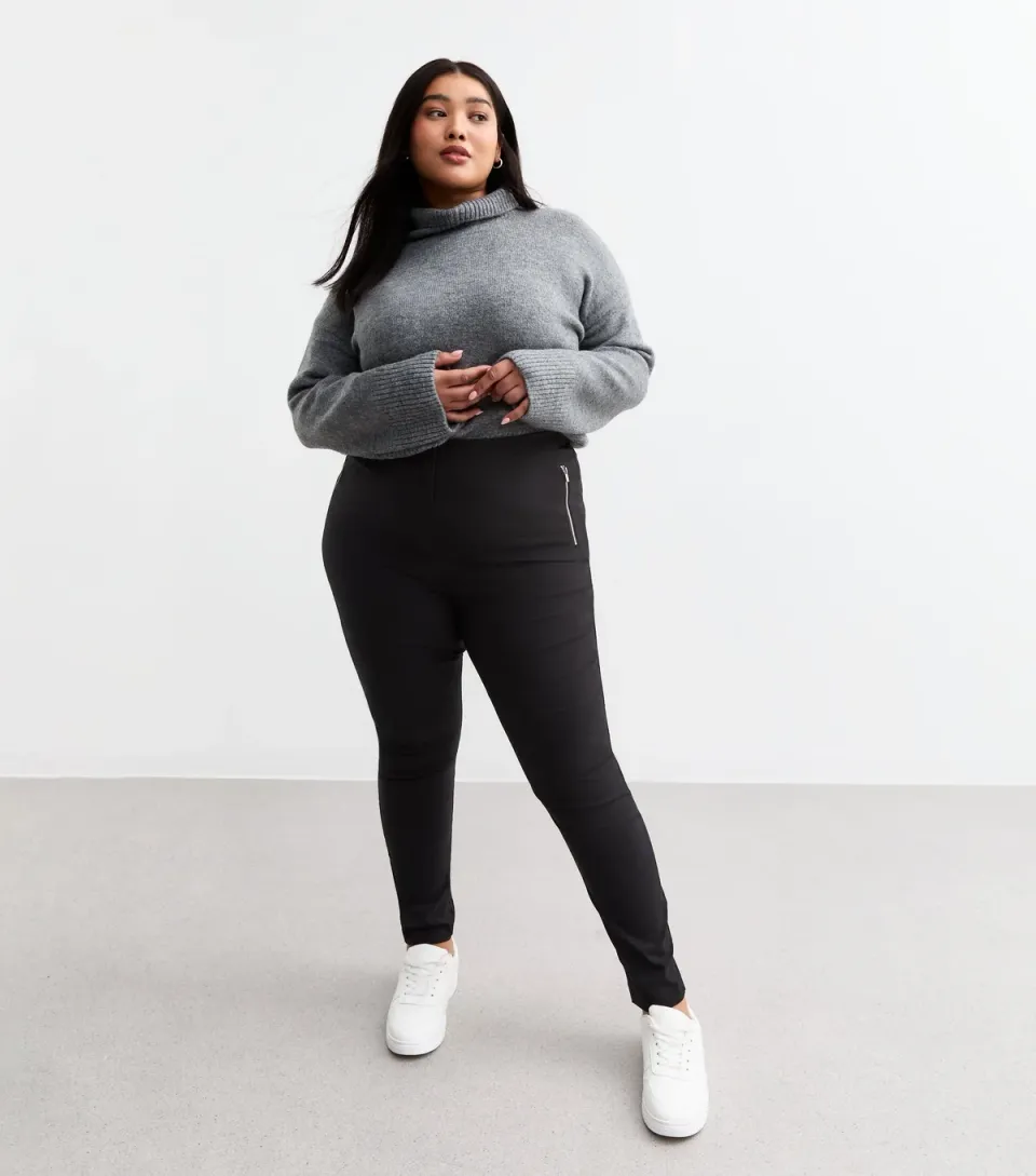 Women's Plus Size Black Side Zip Slim Trousers Curves