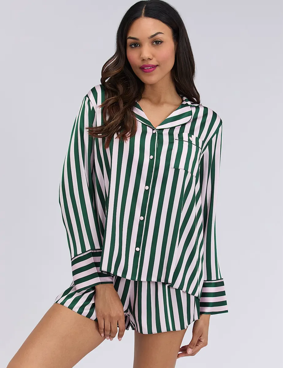 Satin Striped Shortie Set Dark Green Mix