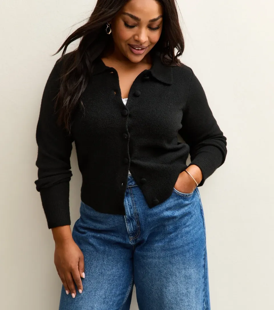Women's Plus Size Black Knit Collared Cardigan Curves