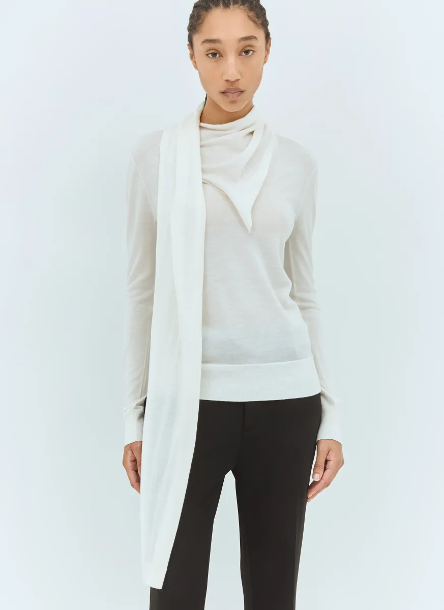 Draped-Scarf Wool-Blend Top