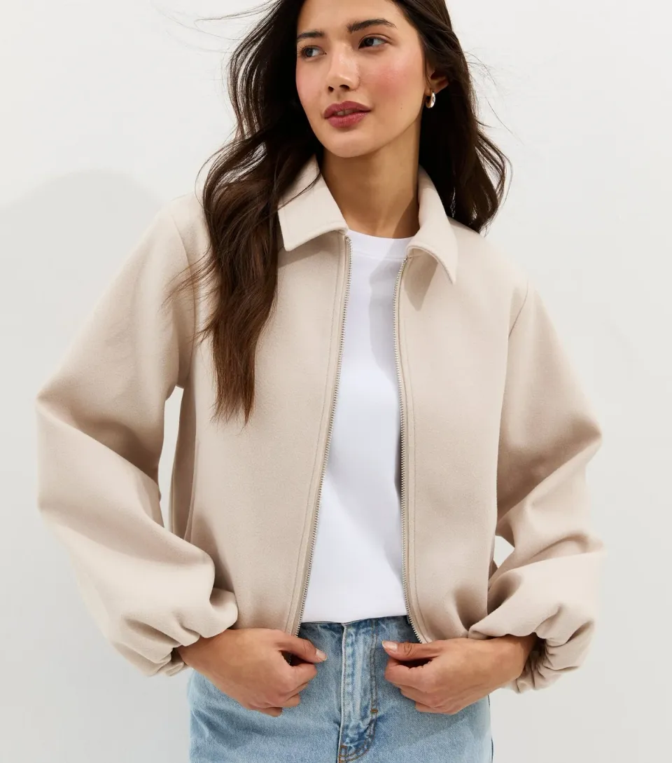 Women's Cream Zip Through Collared Bomber Jacket