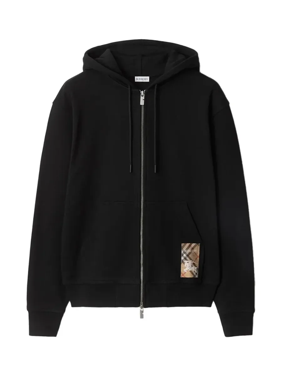 Men Check Label Cotton Zip Hoodie Black