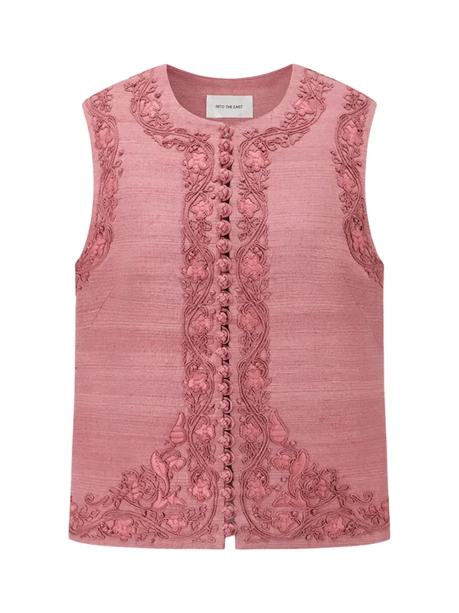 Soft Pink Women embroidered buttoned tussah silk vest