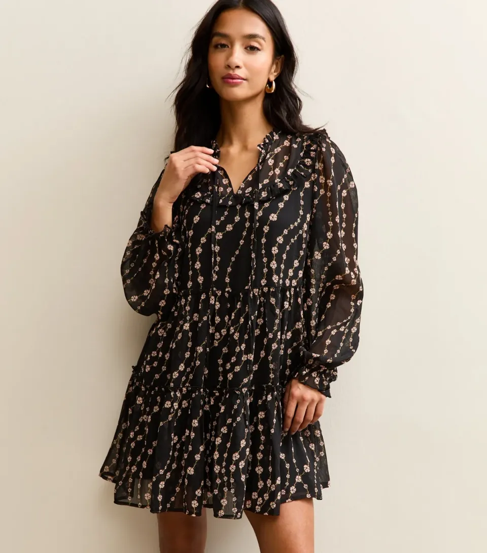 Women's Petite Black Floral Print Chiffon Mini Dress