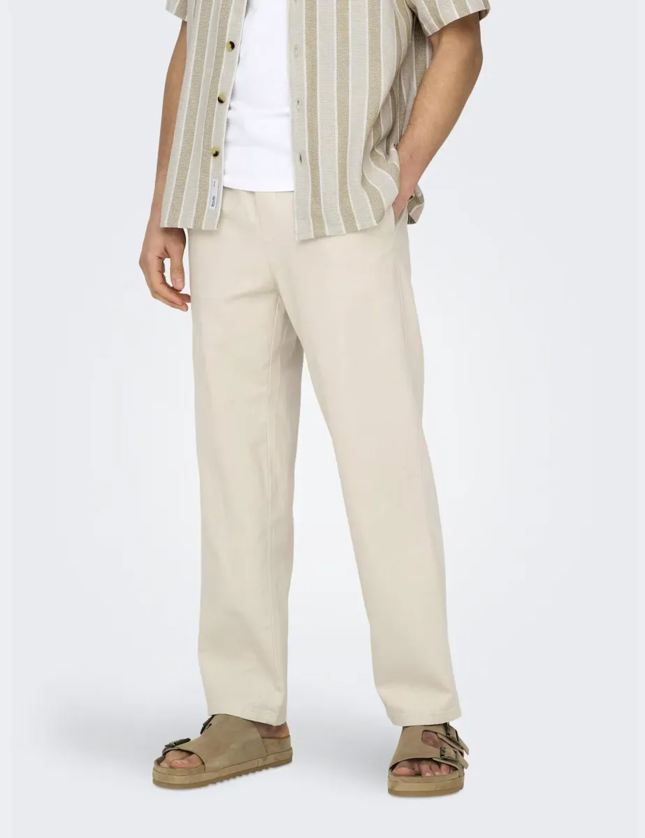 Straight Fit Cotton Rich Trousers with Linen Beige