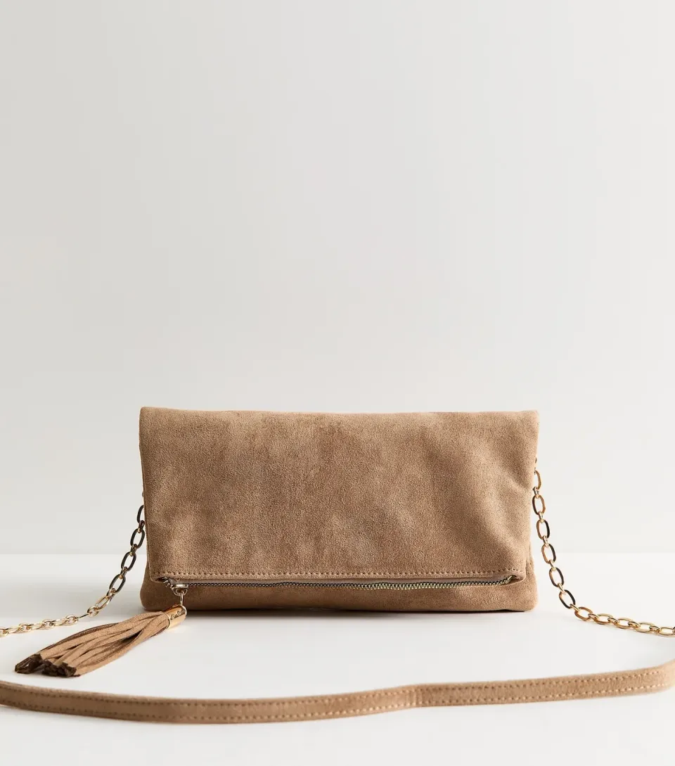 Camel Faux Suede Tassel Charm Clutch Bag Vegan