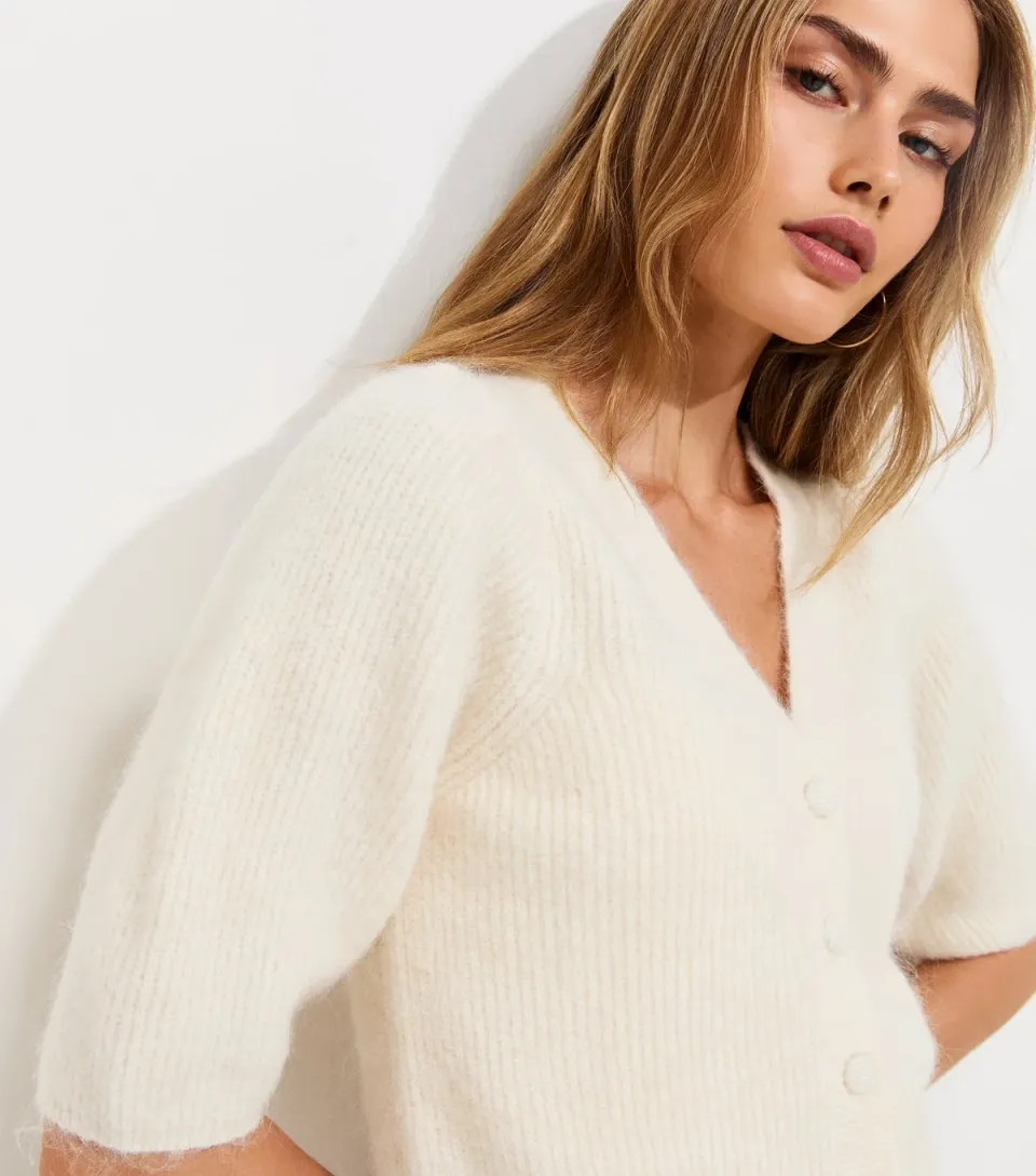 Women's Cream Ribbed Knit Puff Sleeve Cardigan with Wool