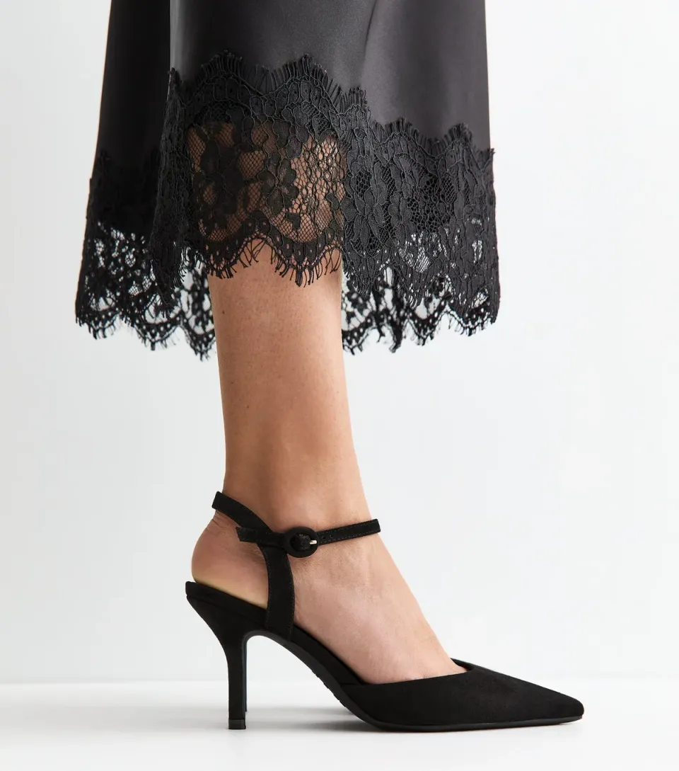 Women's Black Faux Suede Pointed Ankle Strap Court Shoes Vegan