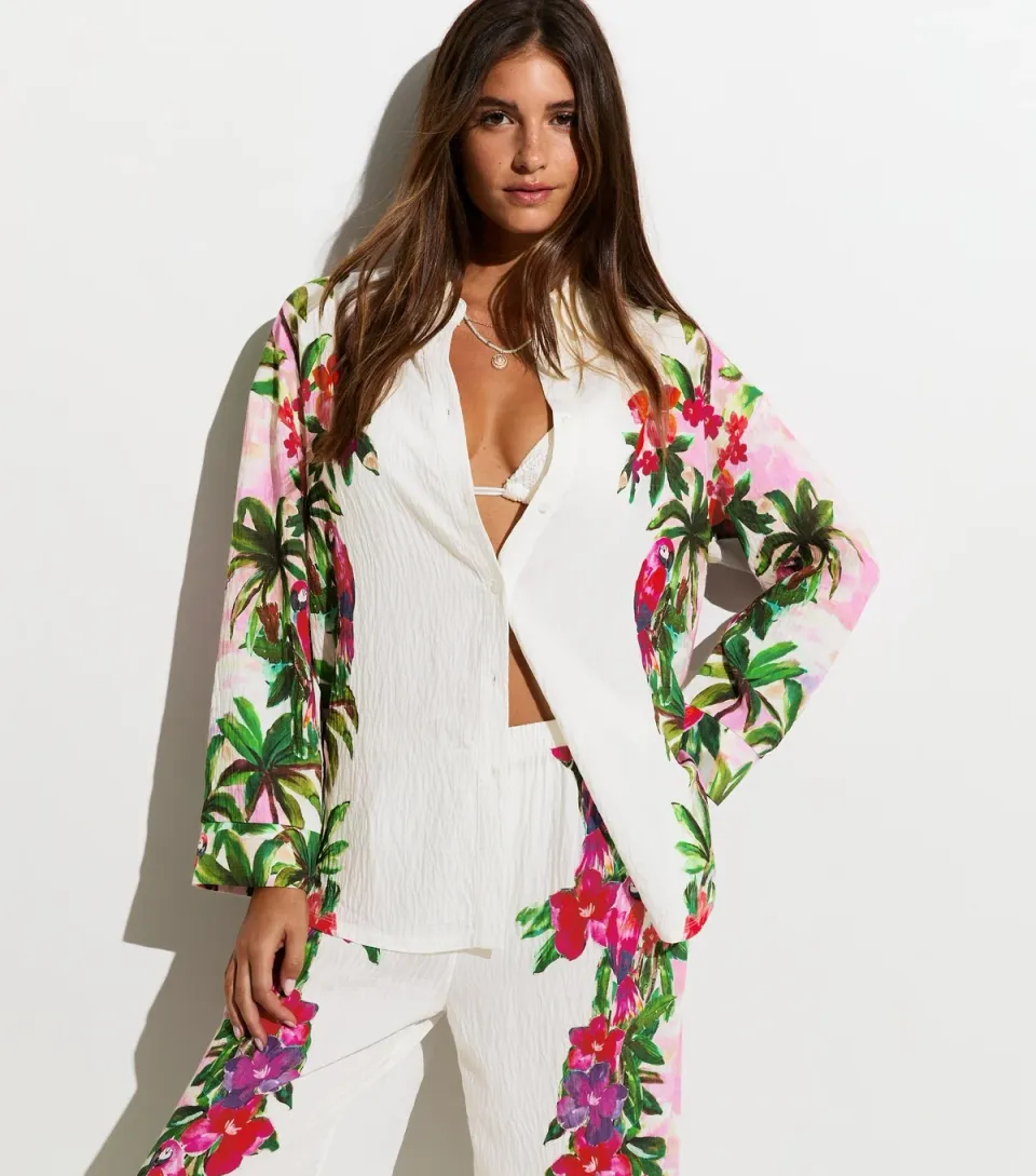 Women's White Crinkle Texture Oversized Parrot Print Beach Shirt