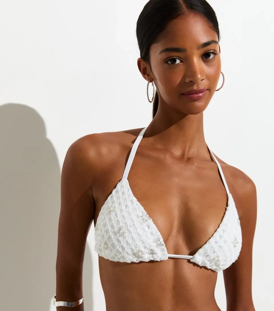 Women's Premium White Sequin Triangle Bikini Top