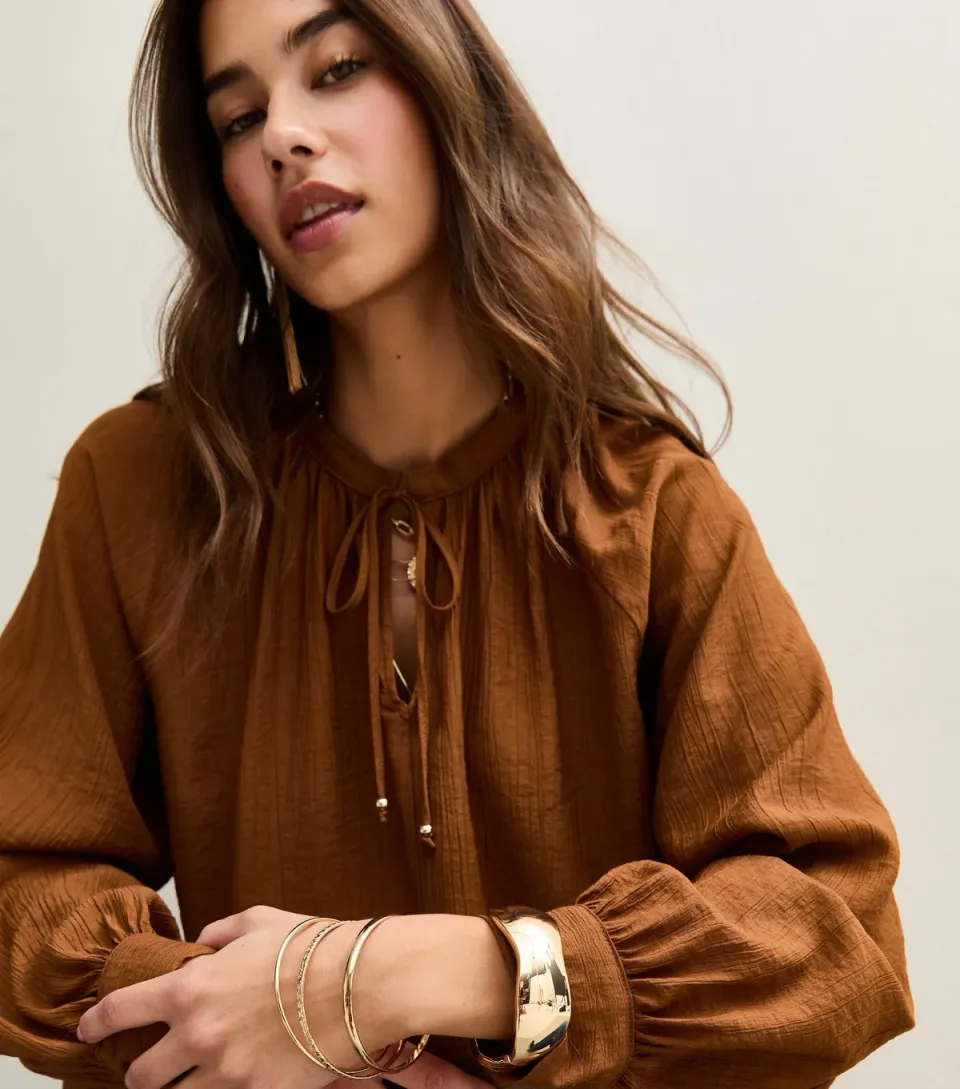 Women's Brown Tie Neck Long Sleeve Blouse