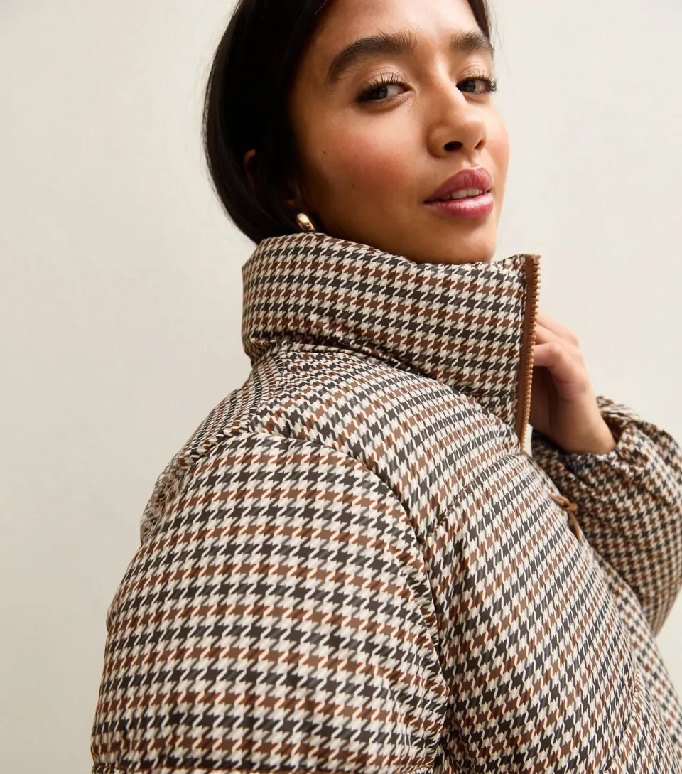 Women's Petite Brown Check Puffer Jacket