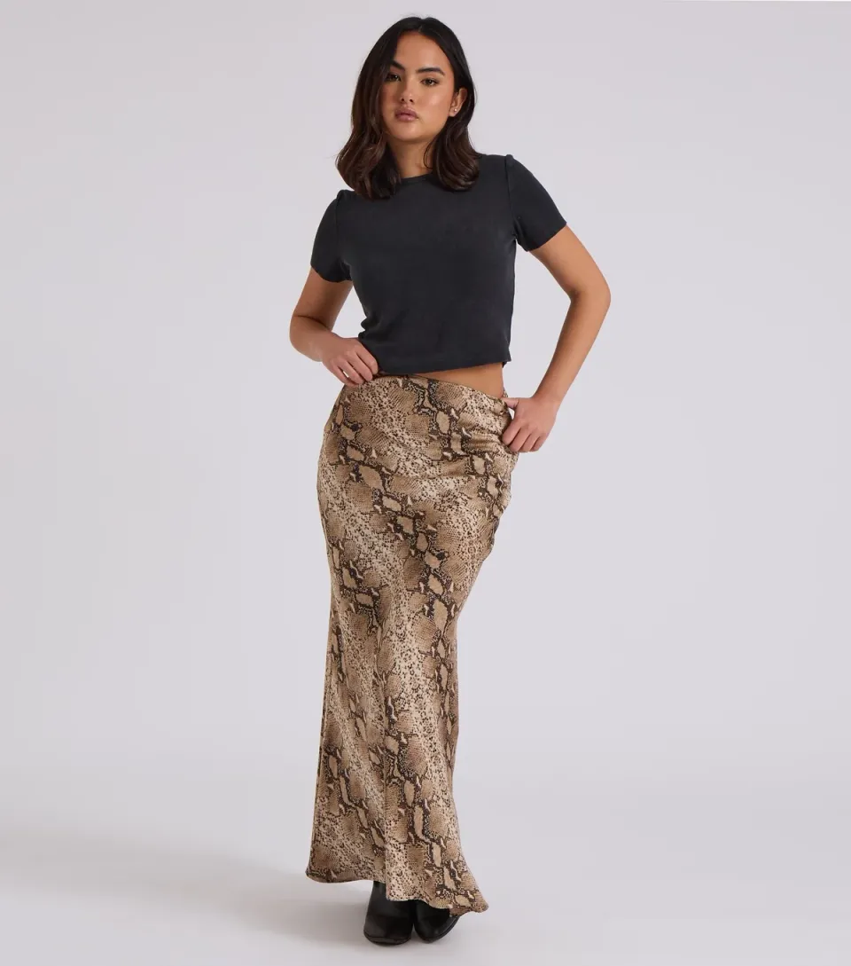 Women's Snake Print Bias Cut Maxi Skirt
