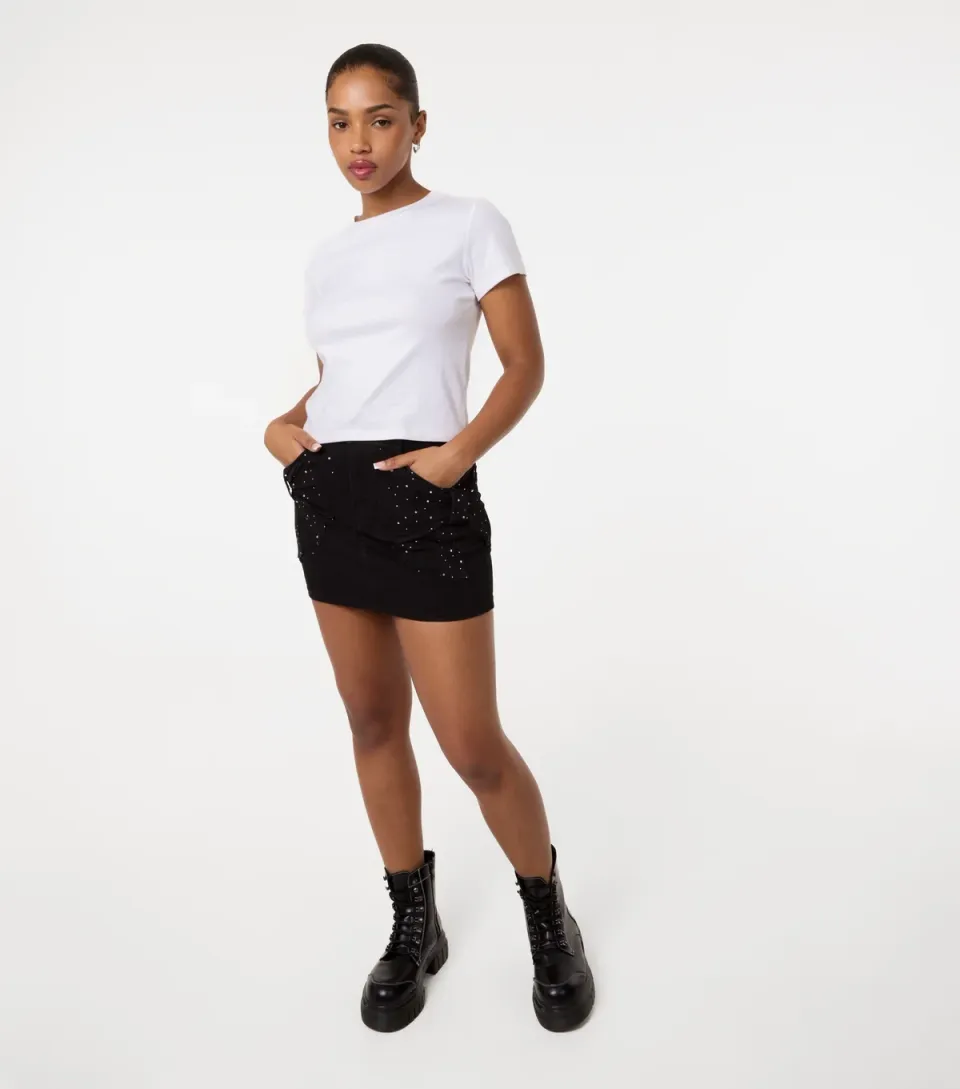 Women's Black Rhinestone Bow Denim Skirt