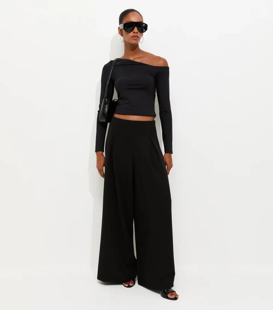 Women's Black Pleated Palazzo Wide Leg Trousers