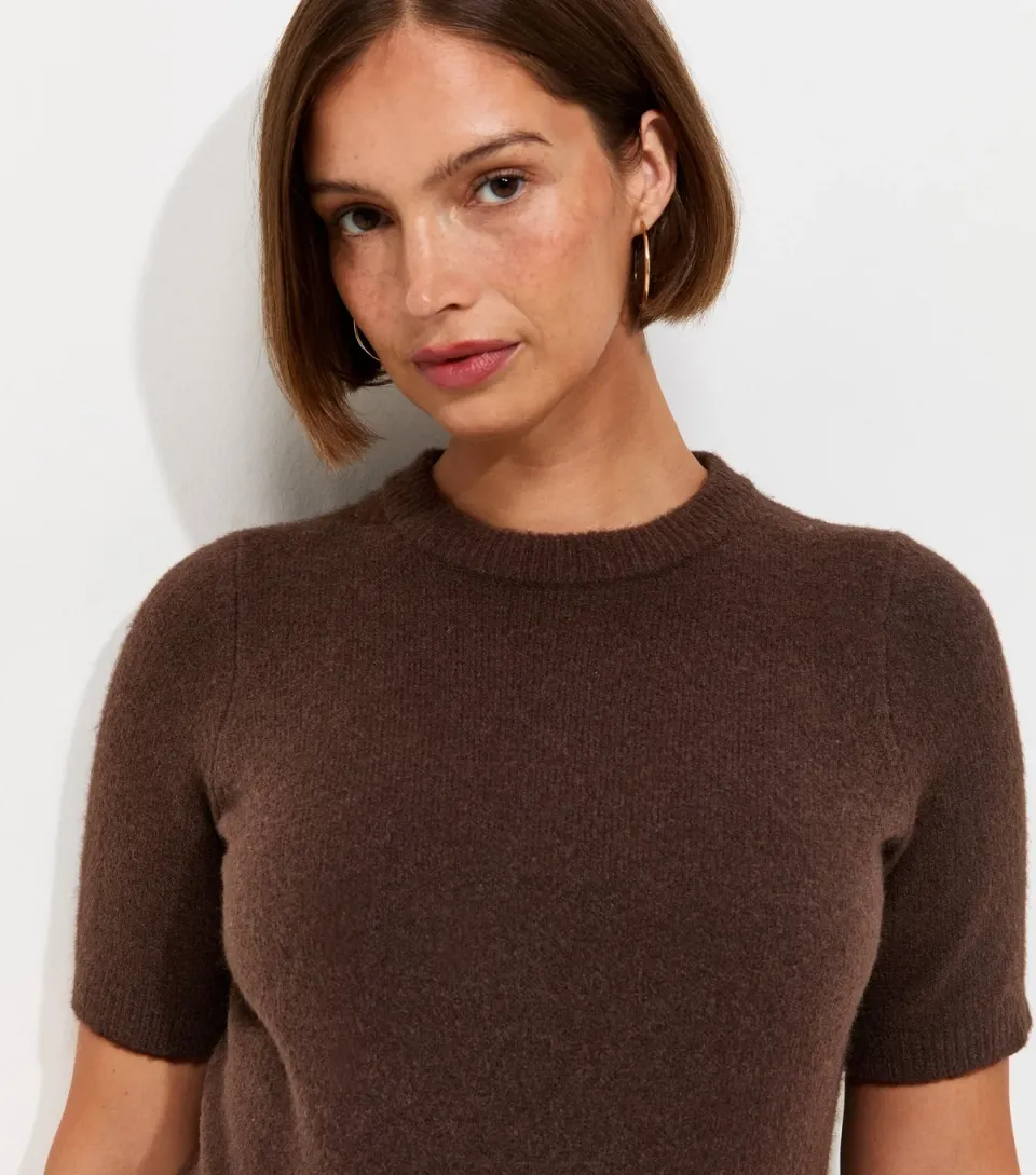 Women's Maternity Dark Brown Brushed Knit Set In Sleeve T-Shirt