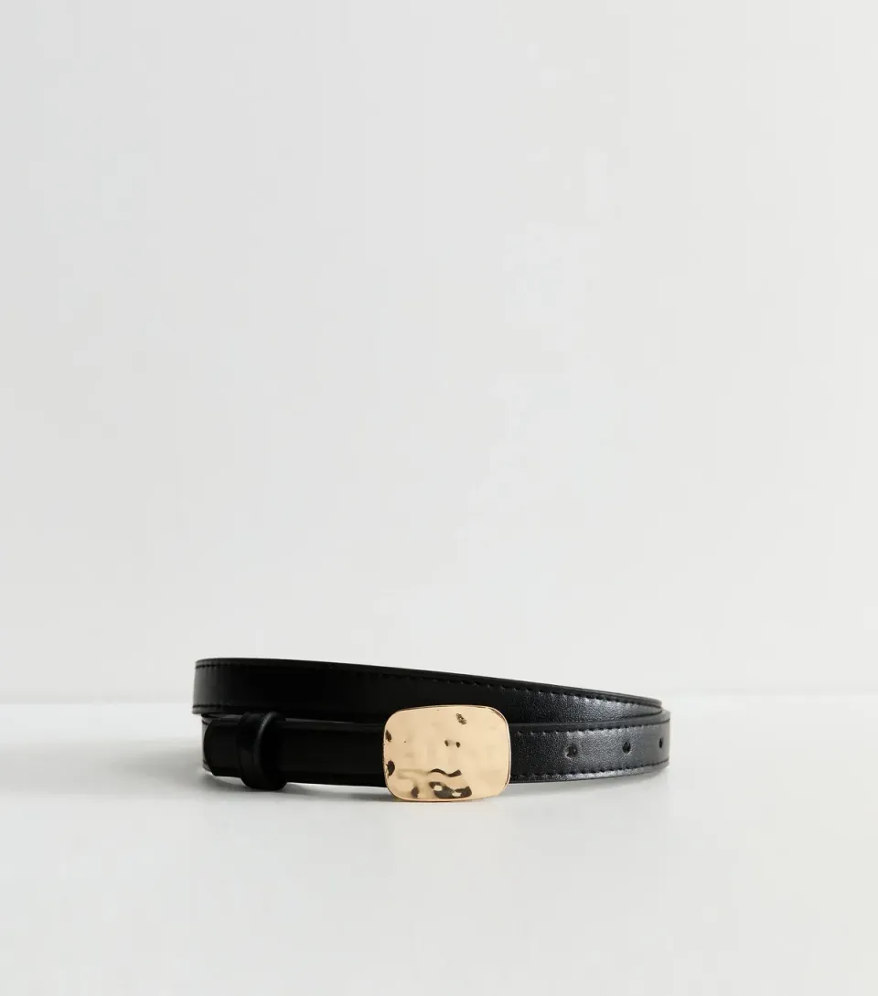 Black Faux Leather Hammered Buckle Skinny Belt