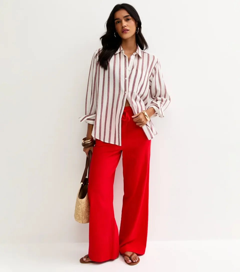 Women's Bright Red Linen Blend Wide Leg Trousers