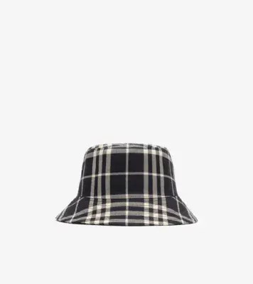 Check Cotton Bucket Hat in Black/calico beige