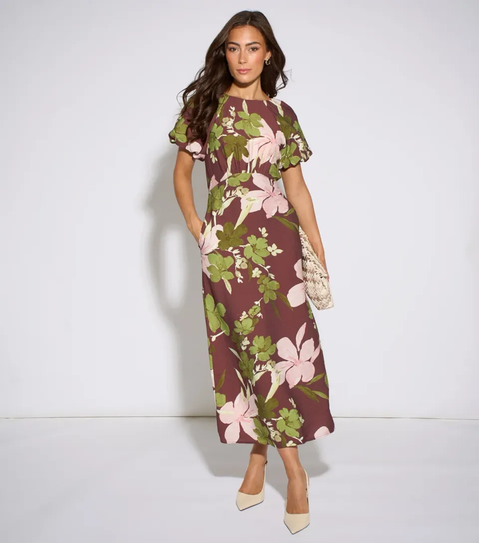Women's Brown Floral Print Puff Sleeve Midi Dress