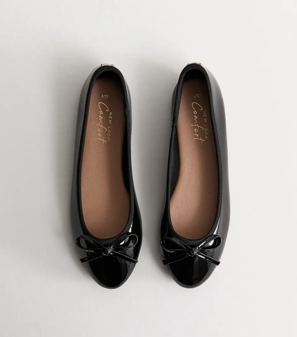 Women's Black Patent Faux Leather Ballet Pumps Vegan