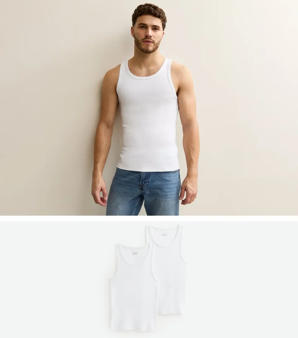 Men's Pack of 2 White Muscle Fit Ribbed Vest Tops