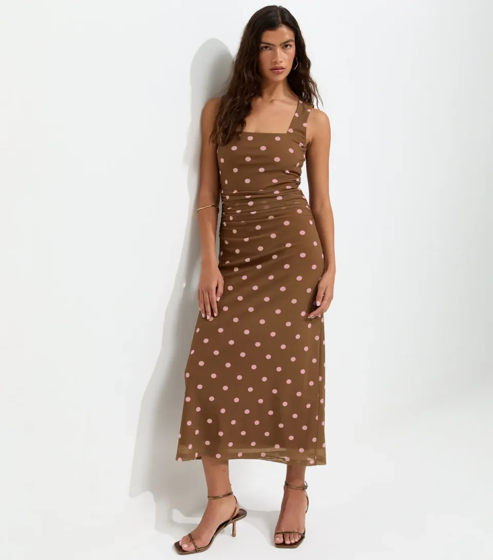 Women's Brown Spot Print Square Neck Mesh Midi Dress