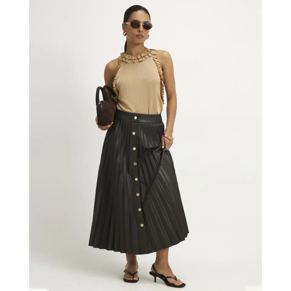 Petite Popper Front Pleated Midi Skirt