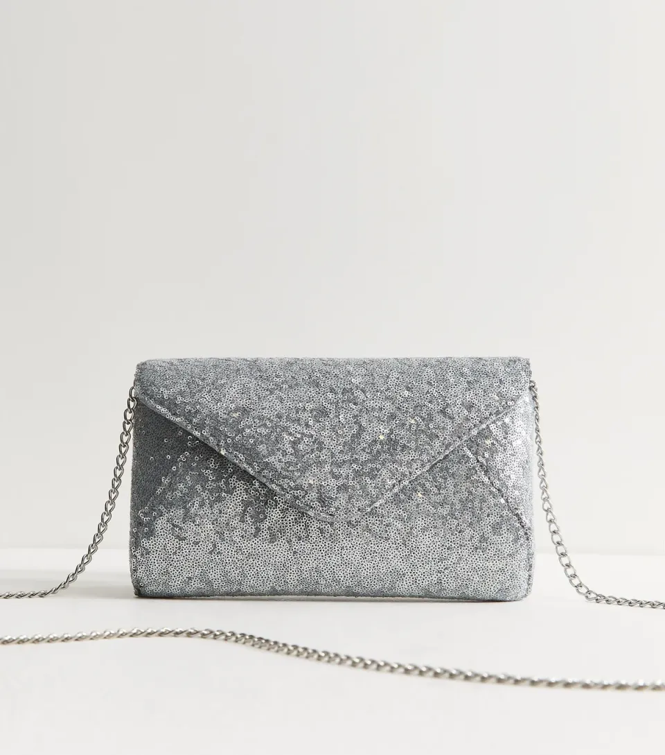 Silver Sequin Envelope Clutch Bag