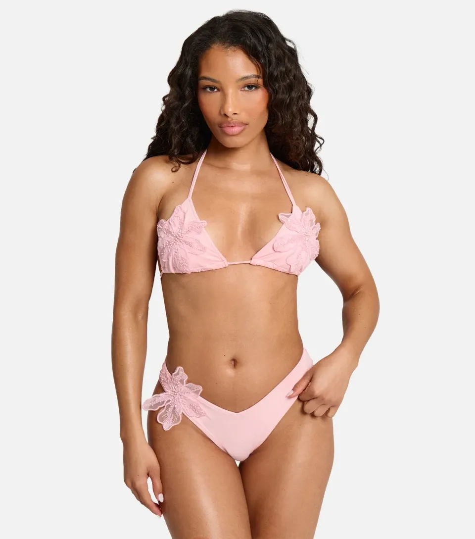 Women's Light Pink Flower Appliqué Triangle Bikini Top