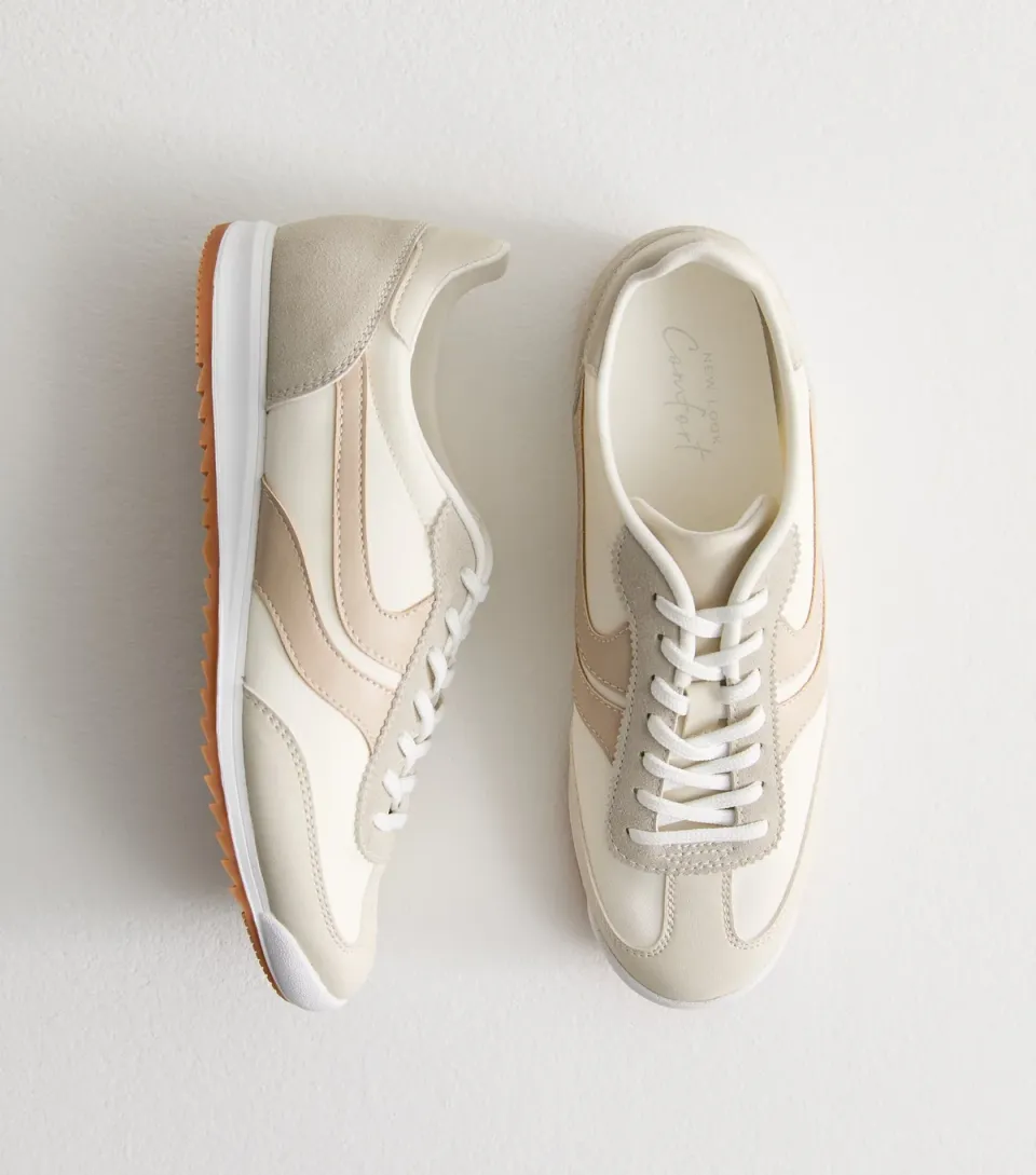 Women's White Faux Brushed Suede Panelled Trainers Vegan
