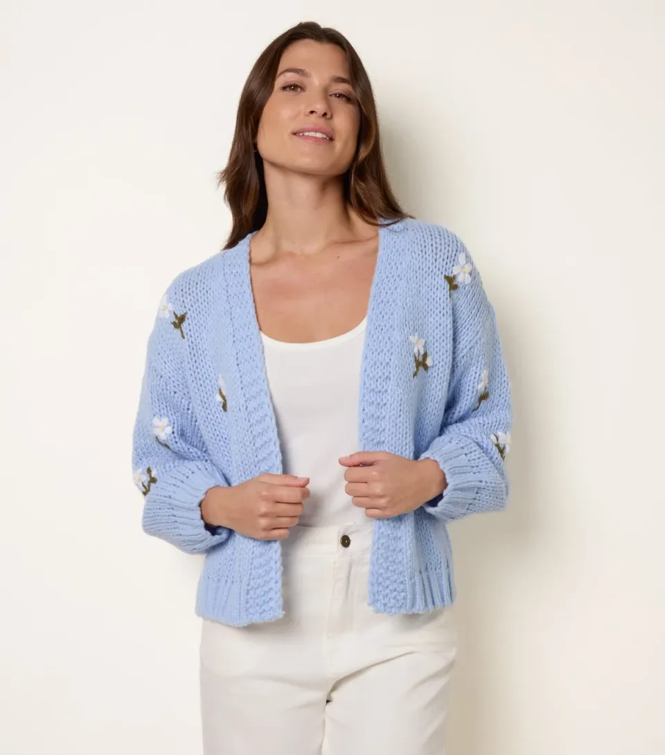 Women's Light Blue Embroidered Daisy Cardigan