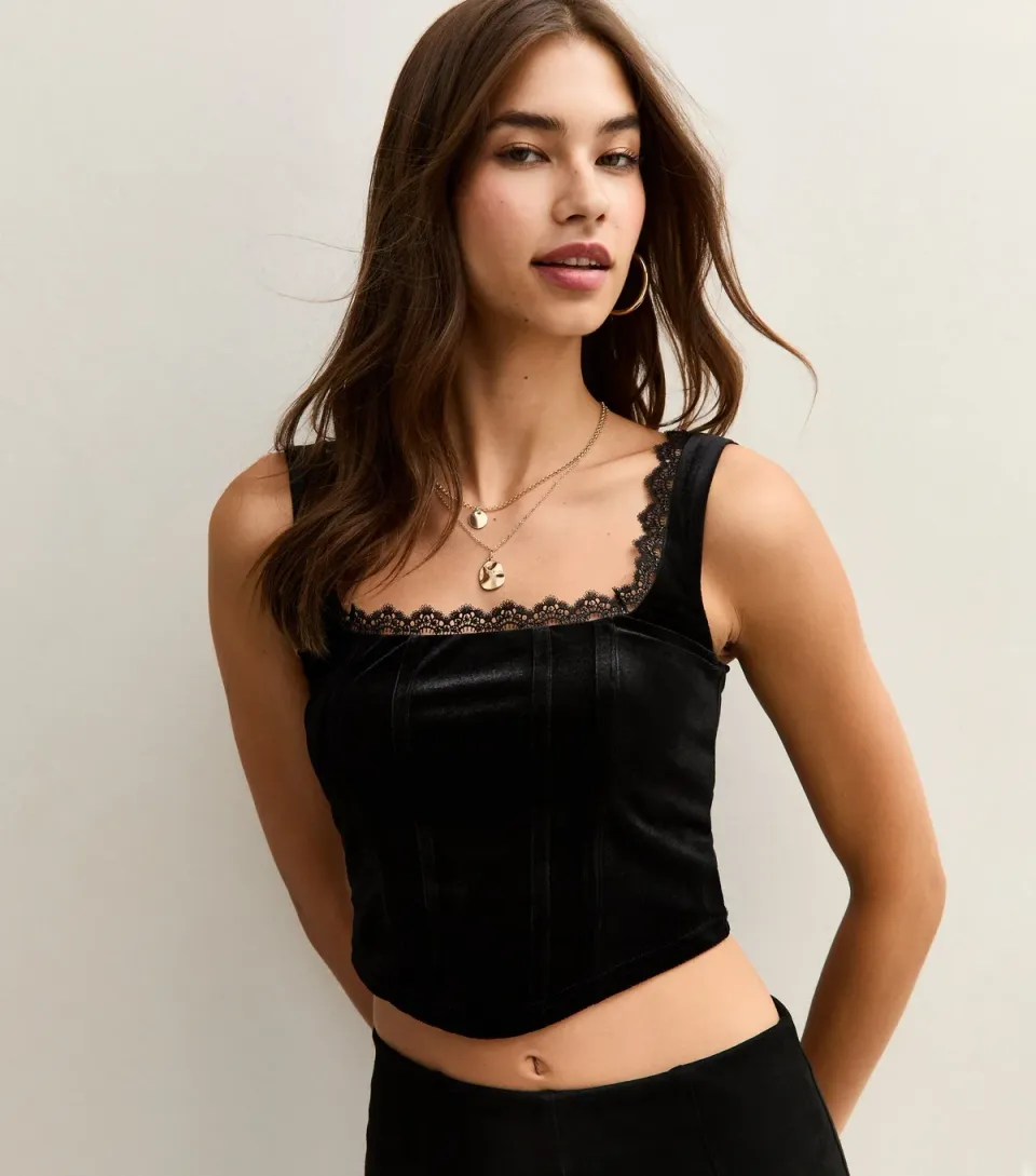 Women's Black Lace Trimmed Velvet Corset Top
