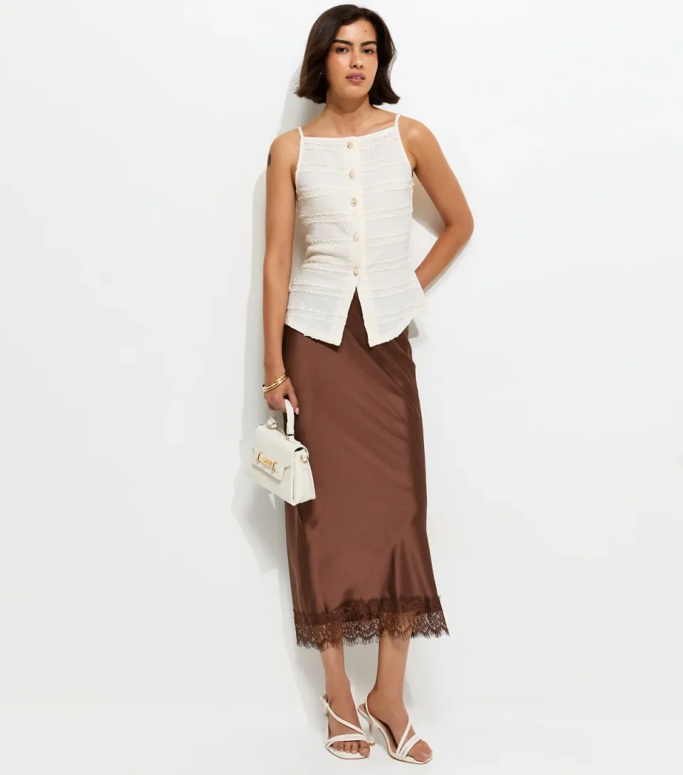 Women's Dark Brown Satin Lace Hem Midi Skirt