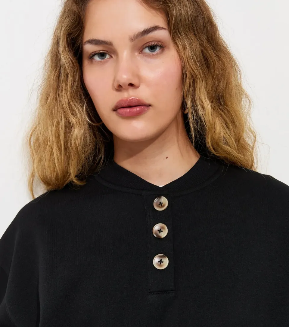 Women's Black Cotton Rich Henley Collar Sweatshirt