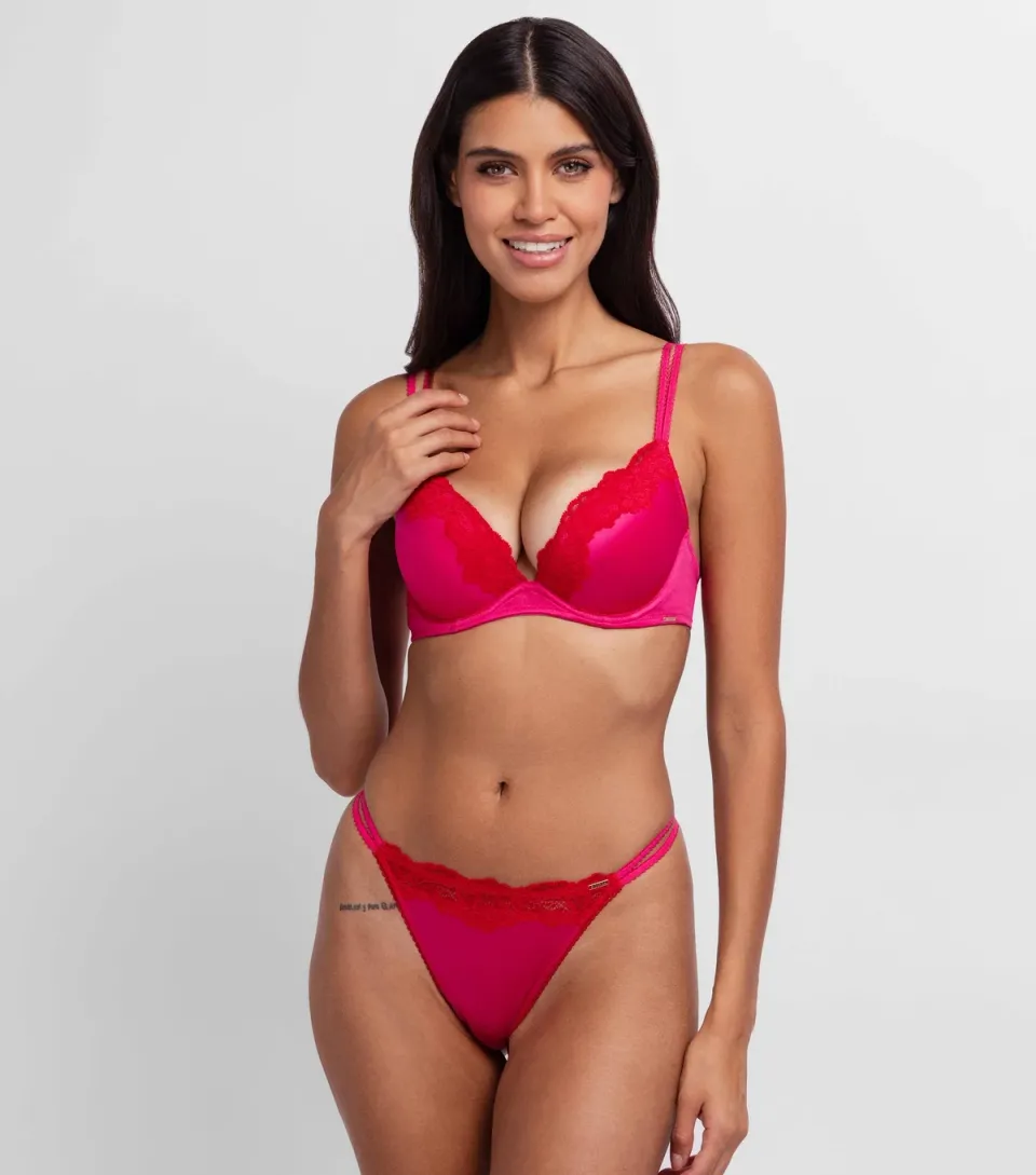 Women's Bright Pink Shiny Lace Trimmed Plunge Bra