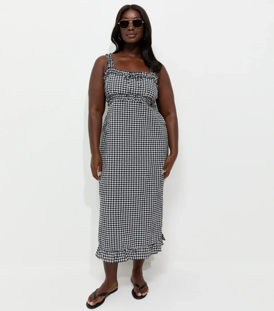 Women's Plus Size Black Frilly Gingham Midi Dress Curves